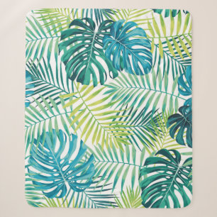Tropical leaf design featuring green/blue palm and sherpa blanket