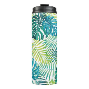 Tropical leaf design featuring green/blue palm and thermal tumbler