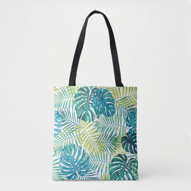 Tropical leaf design featuring green/blue palm and tote bag (Front)