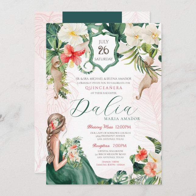Tropical Leaf Emerald Green Floral Quinceanera Invitation (Front/Back)