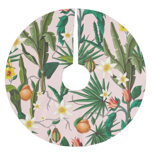 Tropical leaf, flower, fruit pattern. brushed polyester tree skirt (Front)