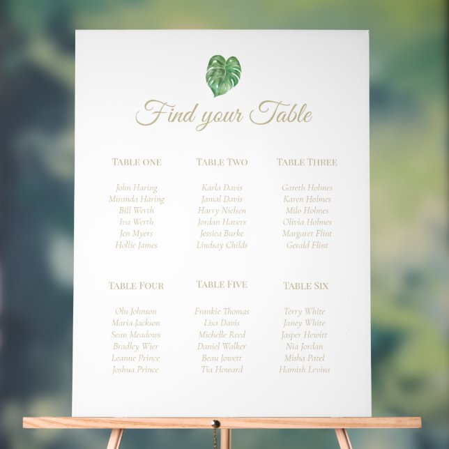 Tropical Leaf Gold Text Acrylic 6 Table Plan Sign (Neutral)