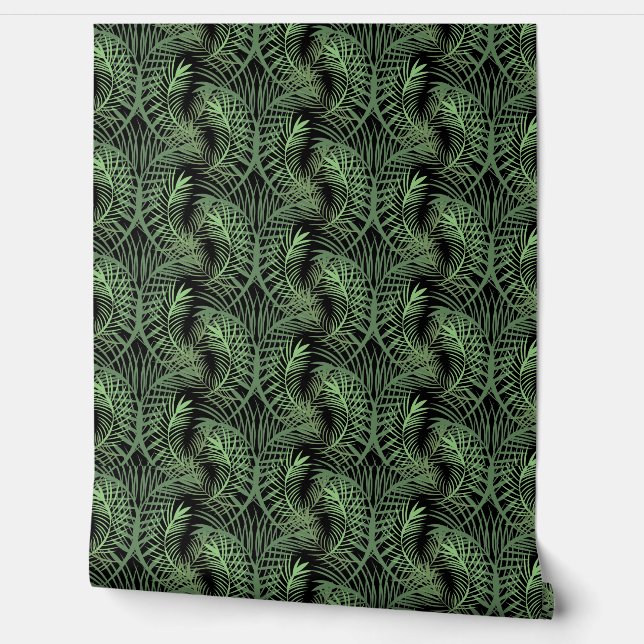 Tropical Leaf Green Black Repeat Wallpaper (Unrolling)