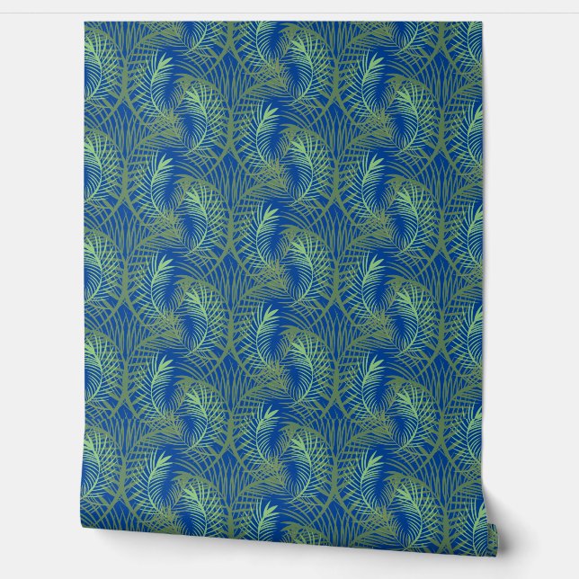 Tropical Leaf Green Blue Repeat Wallpaper (Unrolling)