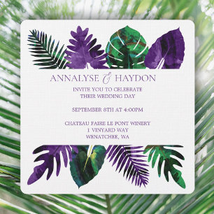 Tropical Leaf Green, Plum Purple Leaves Wedding Invitation