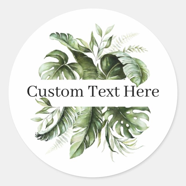Tropical Leaf Greenery with Choice of Text Classic Round Sticker (Front)