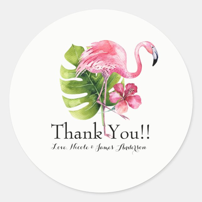 Tropical Leaf Hibiscus Flamingo Wedding Favour Classic Round Sticker (Front)