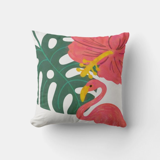 Tropical Leaf, Hibiscus Flower & Flamingo Cushion (Front)