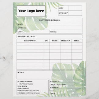 Tropical Leaf Invoice Business Sales Form Receipt Custom Letterhead