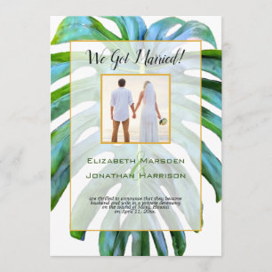 Tropical Leaf Just Married Photo Script Wedding Invitation