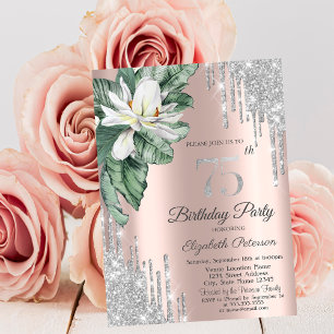 Tropical Leaf Magnolia Rose Gold Drips 75th  Invitation