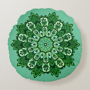 Tropical Leaf Mandala on Green Mist Boho Round Cushion
