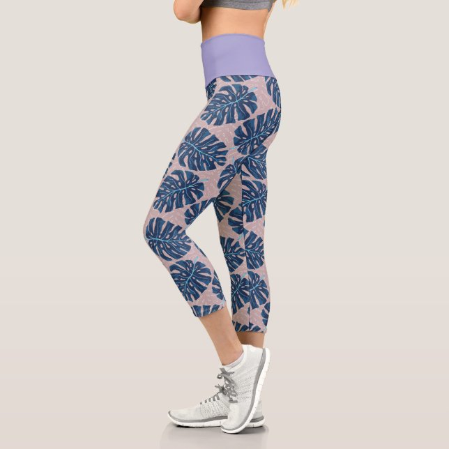 Tropical Leaf Monstera Grey Blue Capri Leggings (Left)