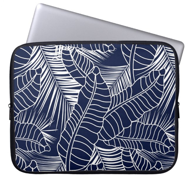 Tropical leaf, navy blue background laptop sleeve (Front)