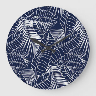 Tropical leaf, navy blue background large clock