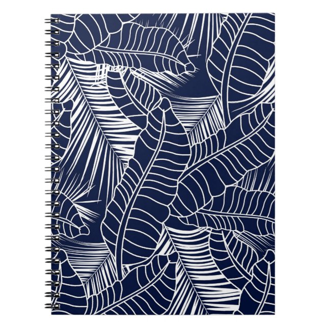 Tropical leaf, navy blue background notebook (Front)