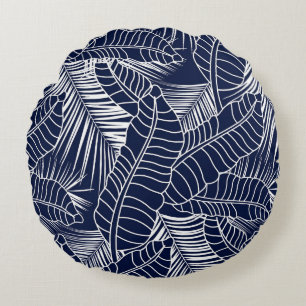 Tropical leaf, navy blue background round cushion