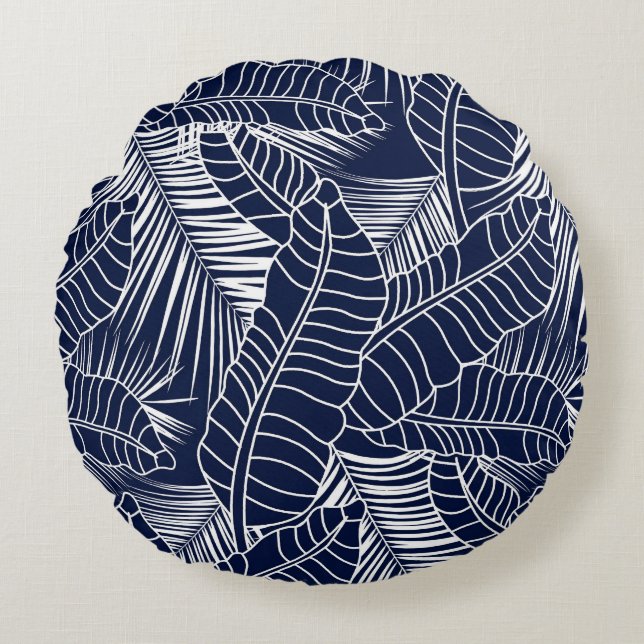 Tropical leaf, navy blue background round cushion (Front)