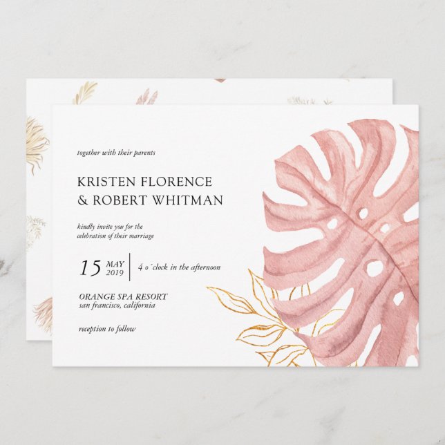 tropical leaf pastel gold Wedding Invitation (Front/Back)