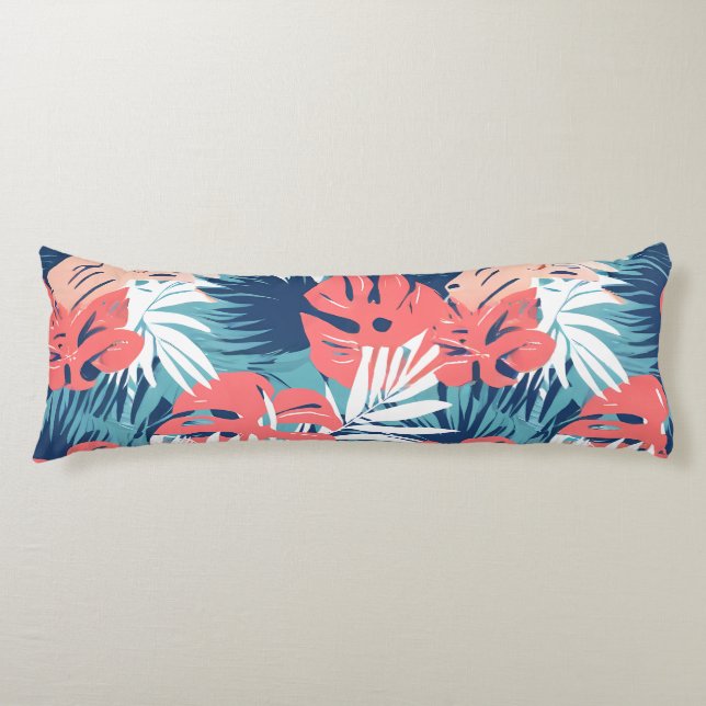 tropical leaf pattern coral blue white body cushion (Front)