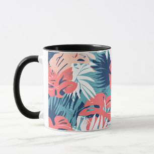 tropical leaf pattern coral blue white mug