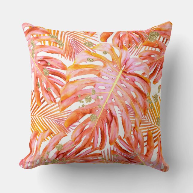 Tropical Leaf Pattern Coral & Rose Gold Glitter Cushion (Front)