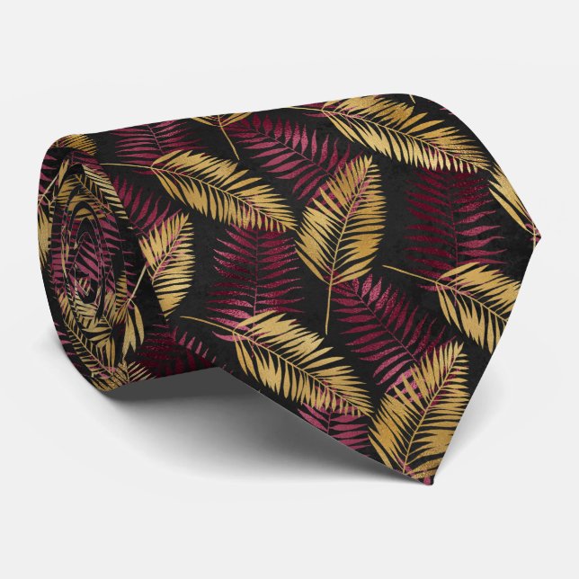 Tropical leaf pattern gold burgundy neck tie (Rolled)