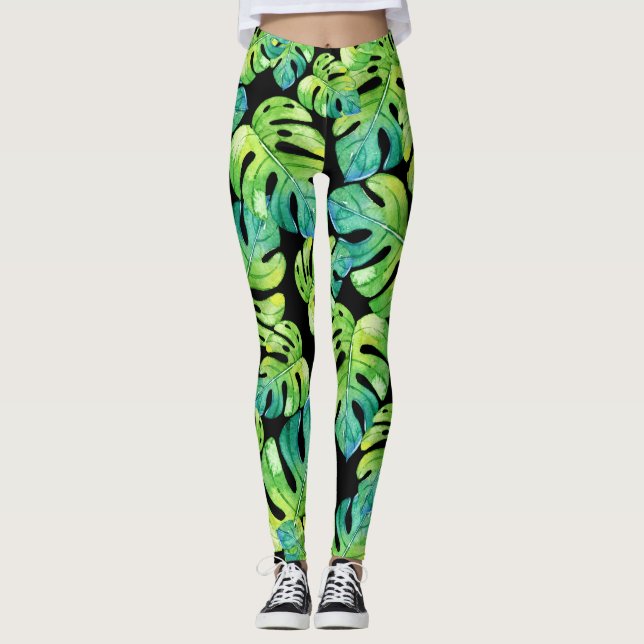 Tropical Leaf Pattern Greenery Beach Yoga Black Leggings (Front)