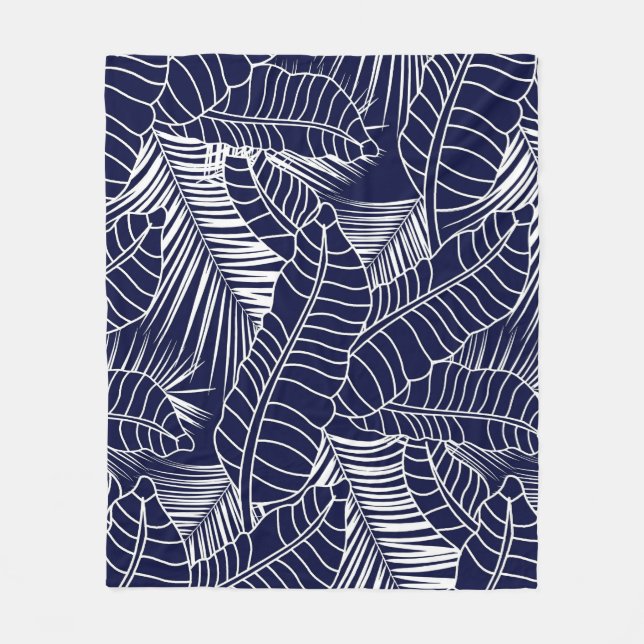 tropical leaf pattern on the navy blue background fleece blanket (Front)