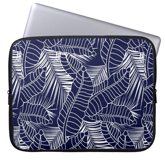 tropical leaf pattern on the navy blue background laptop sleeve (Front)