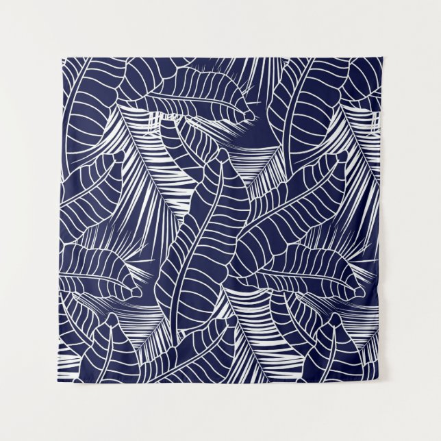 tropical leaf pattern on the navy blue background tapestry (Front)