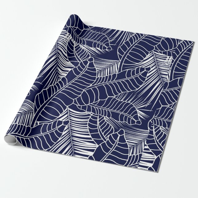 tropical leaf pattern on the navy blue background wrapping paper (Unrolled)