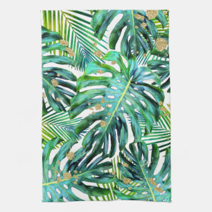 Tropical Leaf Pattern Palm Fronds Gold Glitter Tea Towel