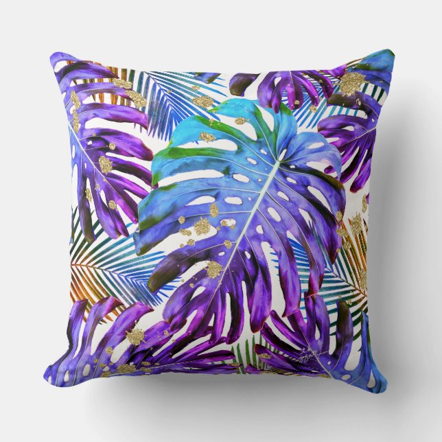 Tropical Leaf Pattern Purple Blue Gold Glitter Cushion (Front)