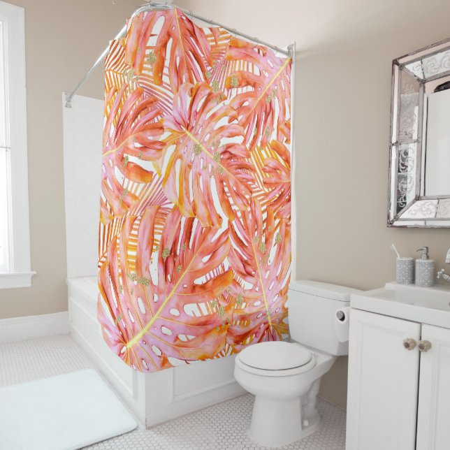 Tropical Leaf Pattern Rose Gold Glitter Beach Shower Curtain (In Situ)