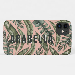 Tropical leaf personalized name and initial iPhone 11 case