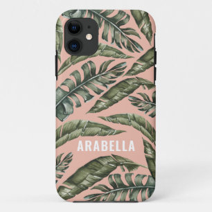 Tropical leaf personalized name and initial iPhone 11 case