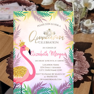 Tropical Leaf Pink Flamingo Quinceañera Invitation