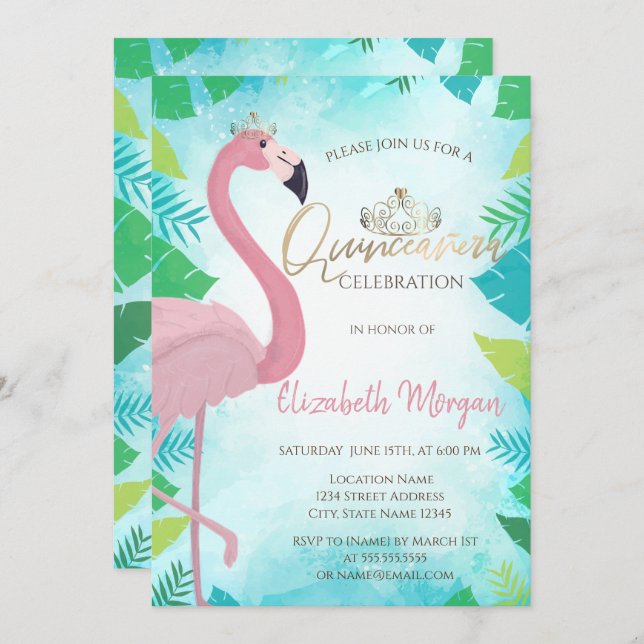 Tropical  Leaf Pink Flamingo Summer Quinceañera Invitation (Front/Back)