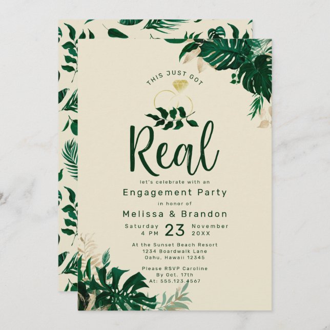 Tropical Leaf This Just Got Real Engagement Party Invitation (Front/Back)