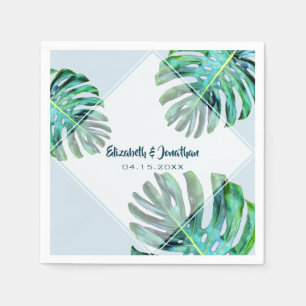 Tropical Leaf Trendy Modern Greenery Blue Wedding Napkin