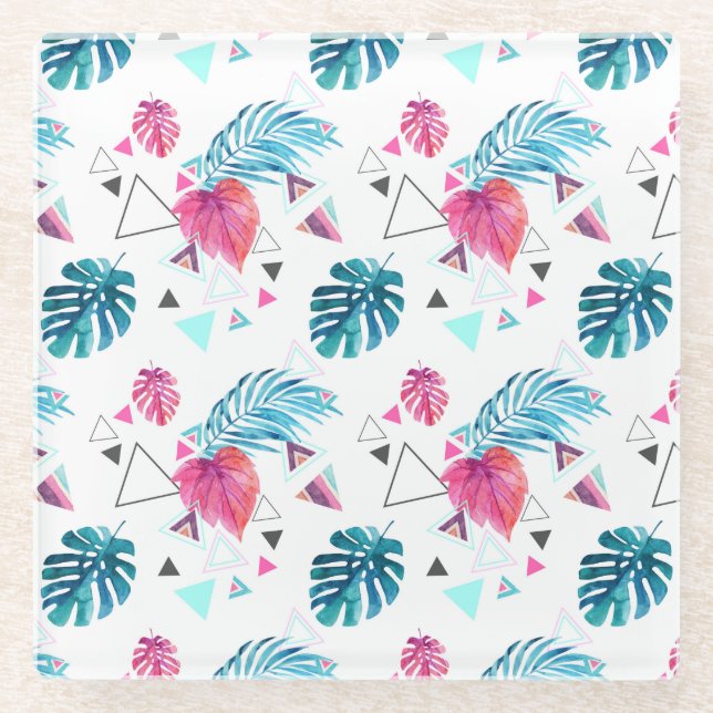 Tropical Leaf Triangle Pattern Glass Coaster (Front)