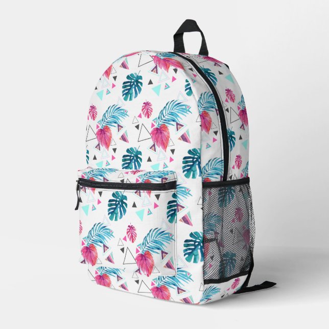 Tropical Leaf Triangle Pattern Printed Backpack (Back Corner Right)