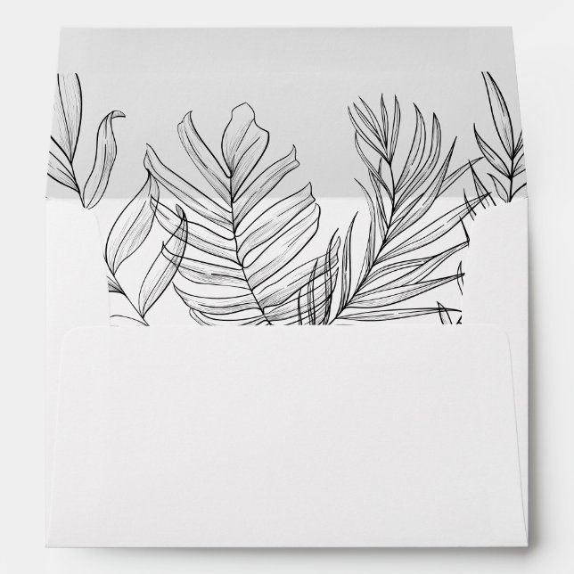 Tropical Leaf Vintage Black White Wedding Envelope (Back (Bottom))