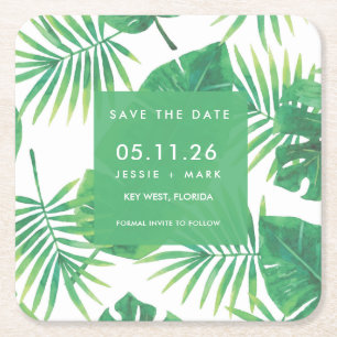 Tropical Leaf Wedding Save the Date Square Paper Coaster