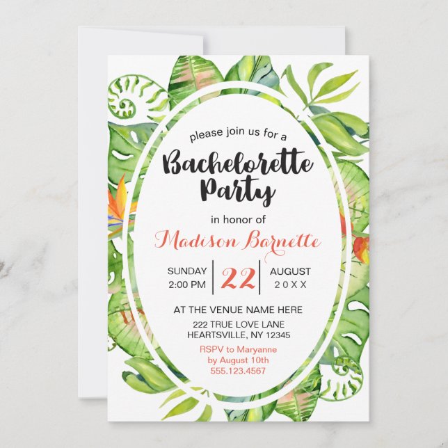 Tropical Leaf Wreath Bachelorette Party Invitation (Front)