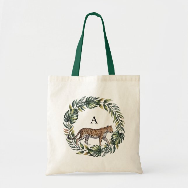 Tropical Leaf Wreath with Leopard – Minimalist Tote Bag (Front)
