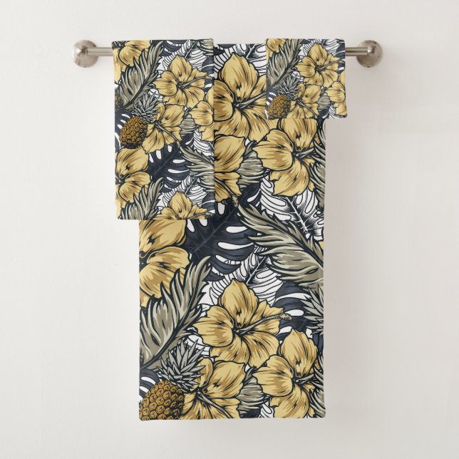 Tropical Leafs and Flowers Pattern Bath Towel Set (Insitu)