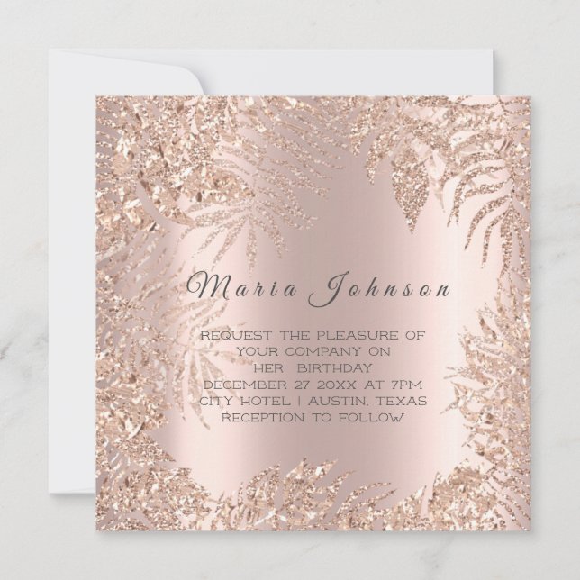Tropical Leafs Glitter Frame Blush Rose Gold Invitation (Front)