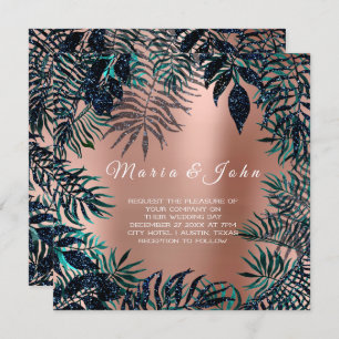Tropical Leafs Glitter Garden Blue Navy Teal Blush Invitation